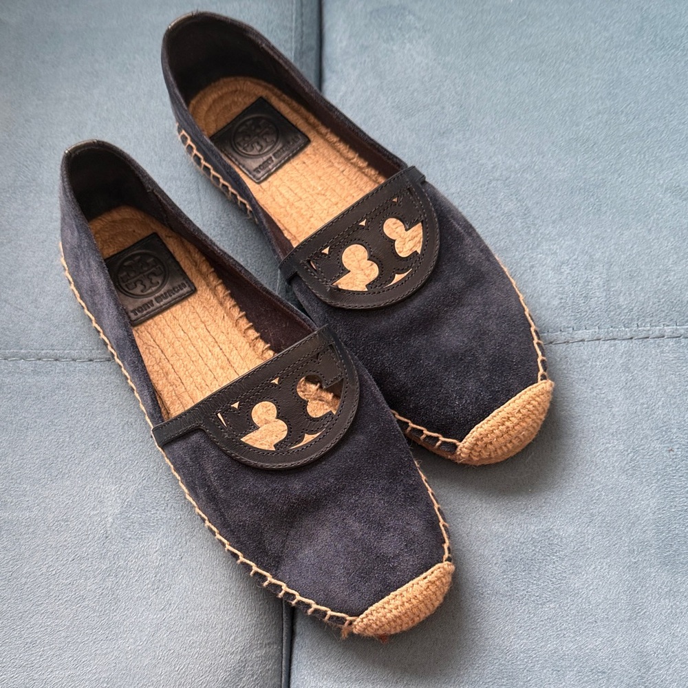 Tory Burch Navy Suede Espadrille Flats with Natural Jute Trim